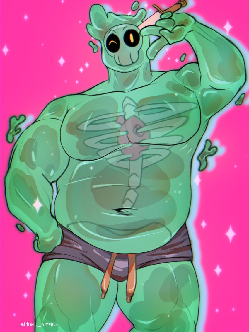 1boy, bara, big_belly, bulge, colored_skin, doug_(monster_prom), fat, fat_man
