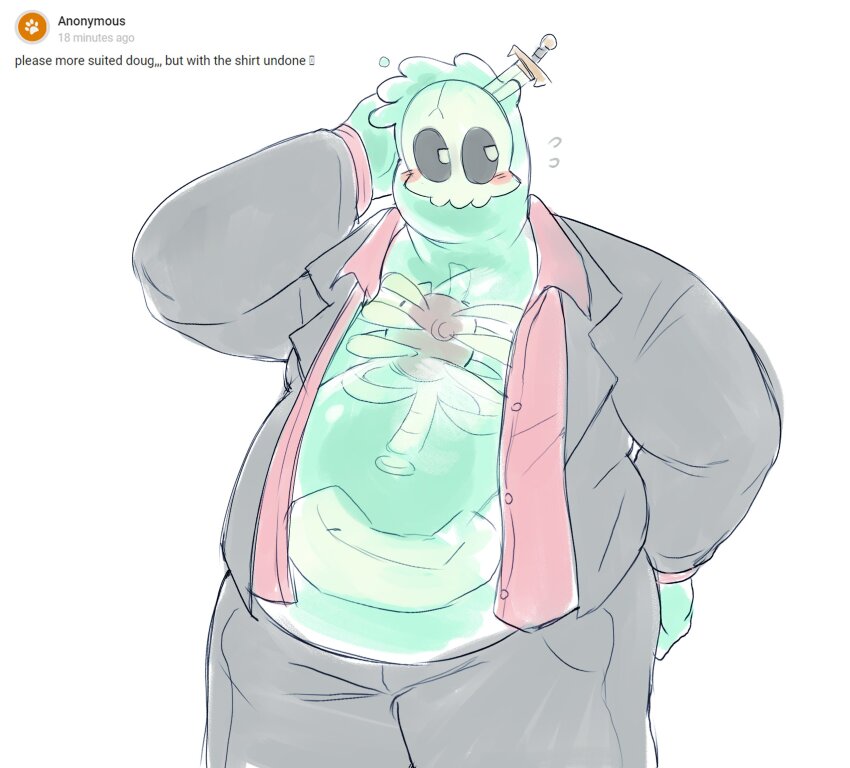 1boy, alternate_costume, bara, big_belly, colored_skin, cowboy_shot, doug_(monster_prom), english_text