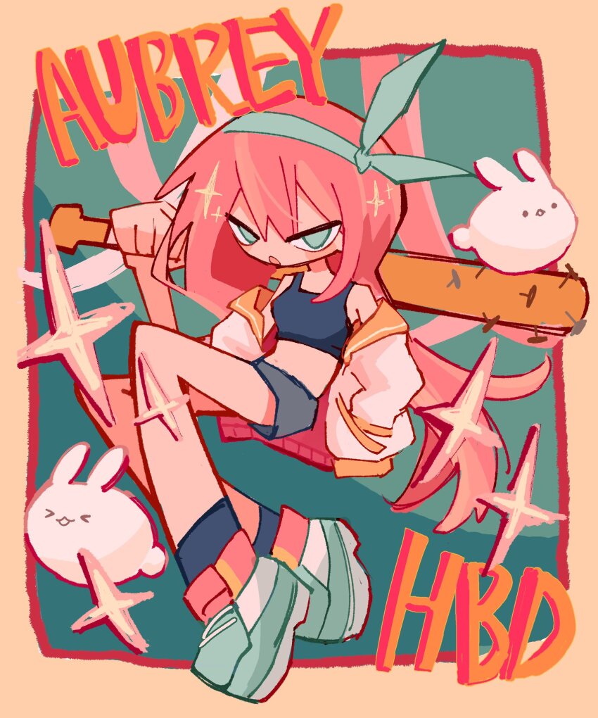 1girl, aubrey_(faraway)_(omori), aubrey_(omori), baseball_bat, black_socks, blue_eyes, character_name, chibi, crop_top, forest_bunny_(omori), hairband, happy_birthday, highres, holding, holding_baseball_bat, jacket, long_hair, looking_at_viewer, nail_(hardware), nail_bat, ninini_(happy_goody115), omori, open_clothes, open_jacket, open_mouth, pink_hair, shoes, sneakers, socks, solo, white_jacket