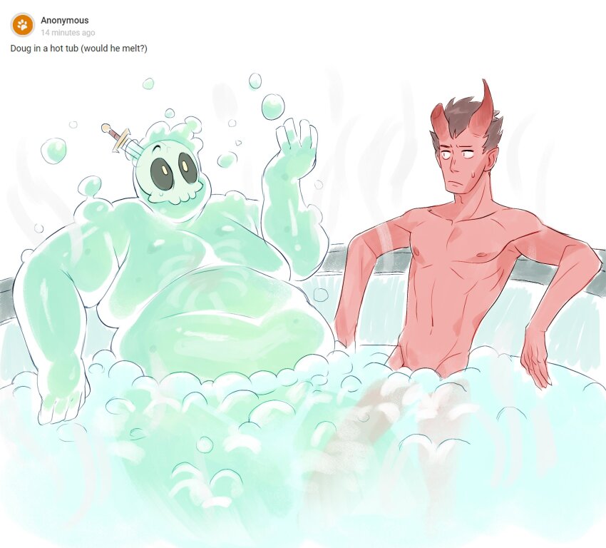 2boys, bara, bathing, bathtub, big_belly, bubble, character_request, colored_skin
