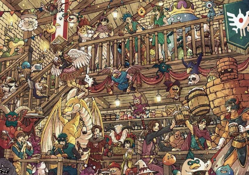 1980s_(style), 6+boys, alcohol, angel_wings, armor, bandana, bar_(place), beer