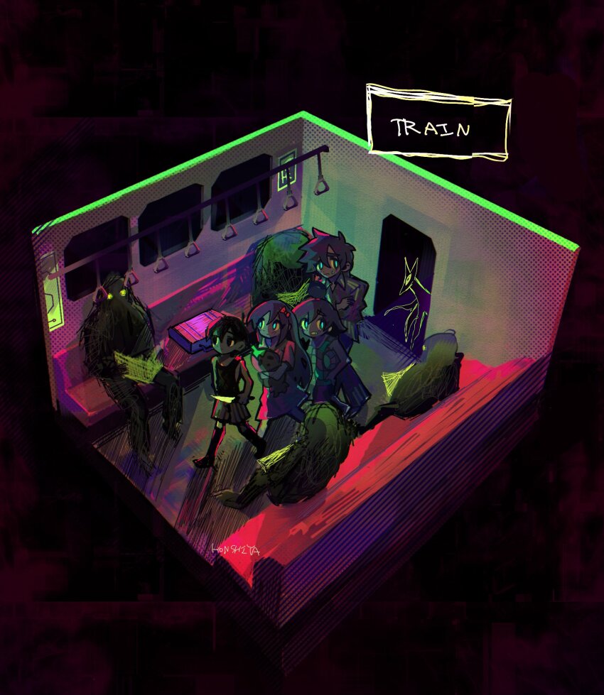 1girl, 3boys, 4others, antenna_hair, aqua_pupils, aubrey_(headspace)_(omori), aubrey_(omori), ball, bare_arms, bare_shoulders, beachball, black_eyes, black_hair, black_shorts, black_skin, black_socks, black_tank_top, book, bow, bright_pupils, brothers, checkered_clothes, checkered_shirt, child, clenched_teeth, closed_mouth, colored_skin, dorothi_(omori), dress, english_text, from_above, full_body, hair_behind_ear, hair_between_eyes, hair_bow, hero_(headspace)_(omori), hero_(omori), highres, holding, holding_ball, holding_beachball, holding_book, holding_knife, holding_stuffed_toy, honshiya, indoors, kel_(headspace)_(omori), kel_(omori), knife, long_hair, looking_to_the_side, mr._plantegg_(omori), multiple_boys, multiple_others, nervous, no_pupils, no_shoes, omori, omori_(omori), pajamas, pants, purple_dress, purple_hair, red_bow, shirt, short_hair, short_sleeves, shorts, siblings, sitting, socks, something_(omori), standing, stranger_(omori), striped_clothes, striped_pajamas, striped_pants, striped_shirt, striped_shorts, stuffed_eggplant, stuffed_toy, sweatdrop, tank_top, teeth, train, train_interior, vertical-striped_clothes, vertical-striped_pajamas, vertical-striped_pants, vertical-striped_shorts, walking, white_eyes, white_shorts, window