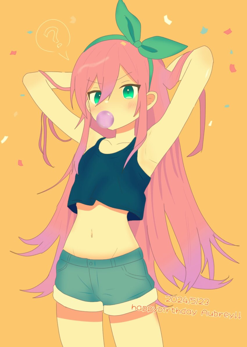 1girl, ?, arms_behind_head, arms_up, aubrey_(faraway)_(omori), aubrey_(omori), blowing_bubble_gum, blowing_bubbles, blue_shorts, chewing_gum, collarbone, confetti, crop_top, denim, denim_shorts, green_eyes, hairband, happy_birthday, highres, long_hair, midriff, navel, omori, pink_hair, saji_neko, short_shorts, shorts, solo, speech_bubble, spoken_question_mark