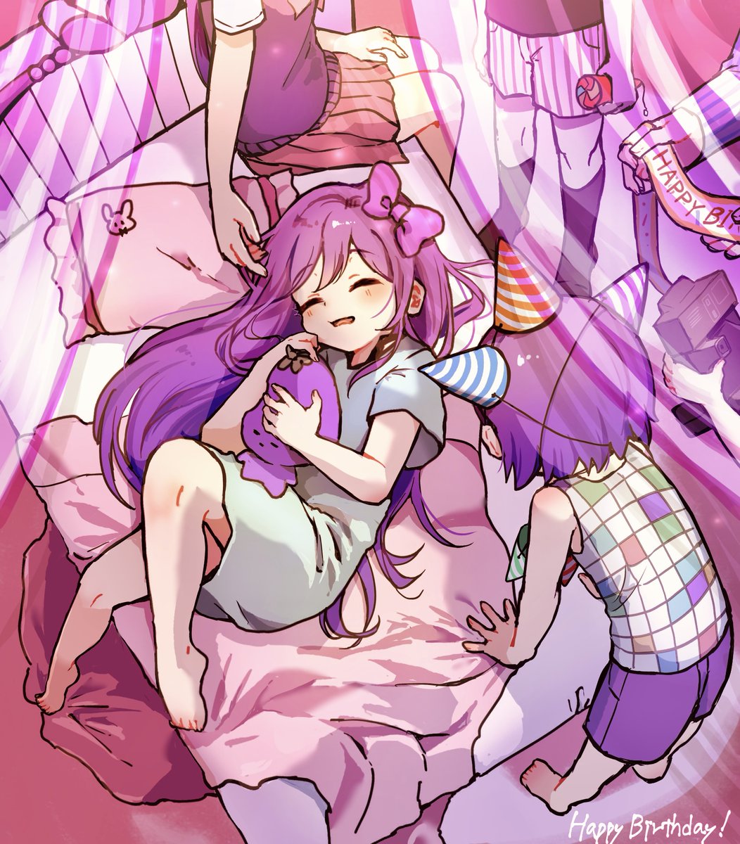 007f89_siyo, 2girls, 4boys, aubrey_(headspace)_(omori), aubrey_(omori), basil_(headspace)_(omori), basil_(omori), black_socks, blue_shirt, blush, bow, hair_bow, happy_birthday, hat, hero_(headspace)_(omori), hero_(omori), highres, holding, holding_party_popper, holding_stuffed_toy, kel_(headspace)_(omori), kel_(omori), long_hair, mari_(headspace)_(omori), mari_(omori), multiple_boys, multiple_girls, omori, omori_(omori), on_bed, open_mouth, party_hat, party_popper, pillow, pink_bow, pleated_skirt, purple_hair, purple_shorts, red_skirt, shirt, short_hair, short_sleeves, shorts, skirt, socks, stuffed_eggplant, stuffed_toy
