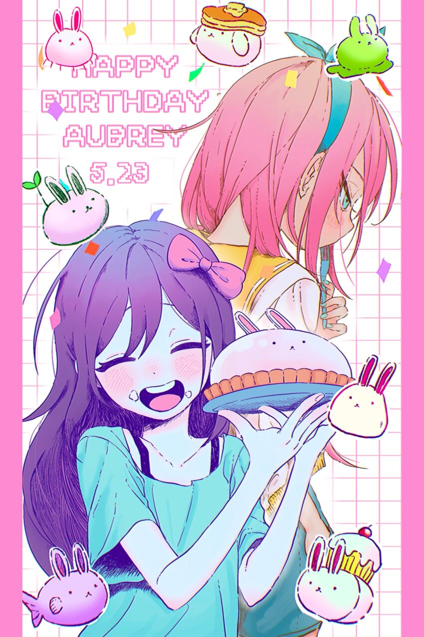 2girls, absurdres, aubrey_(faraway)_(omori), aubrey_(headspace)_(omori), aubrey_(omori), blue_eyes, blue_shirt, blue_skirt