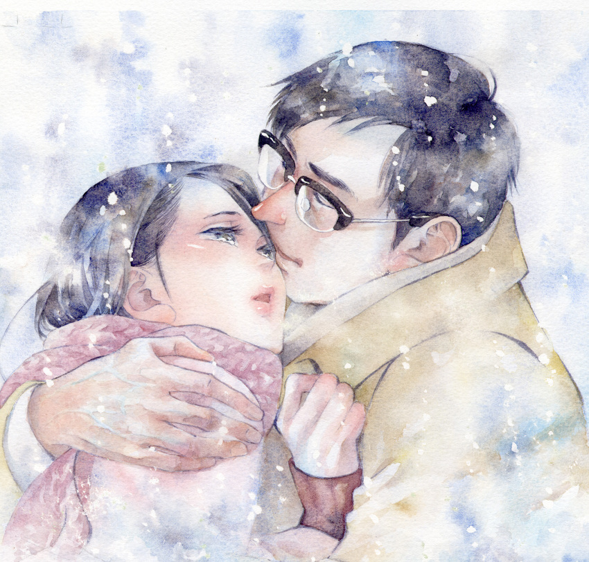 1boy, 1girl, black_hair, character_request, closed_eyes, couple, glasses, half-closed_eyes