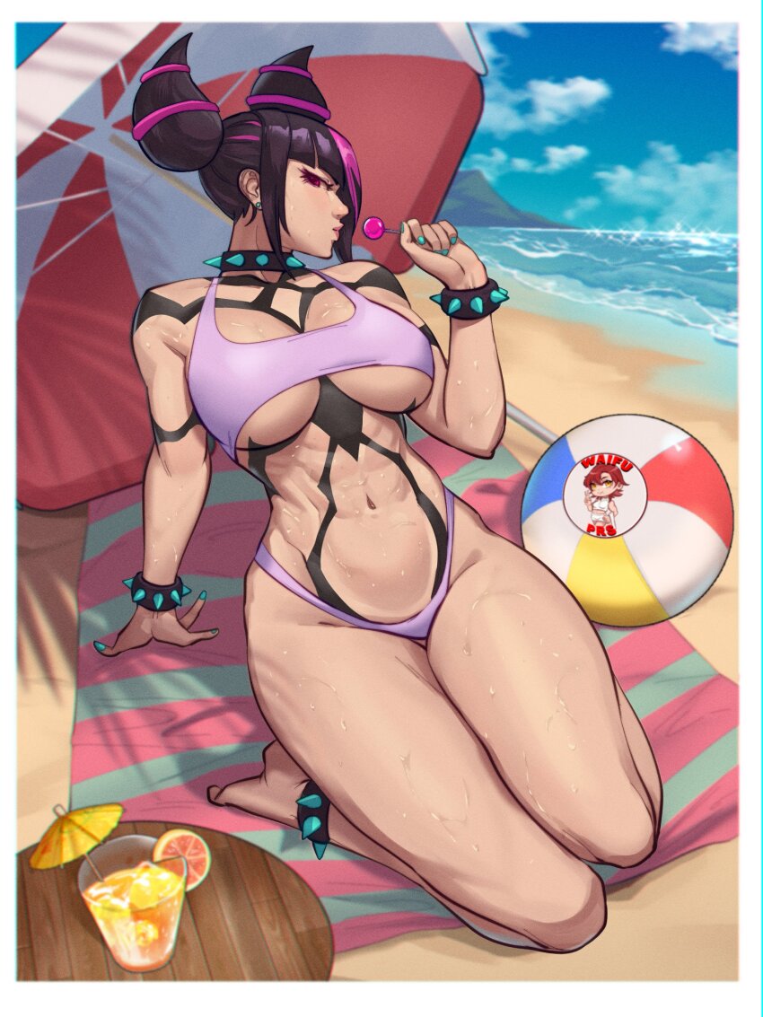 1girl, absurdres, alternate_costume, ball, beach, beachball, black_hair, bra