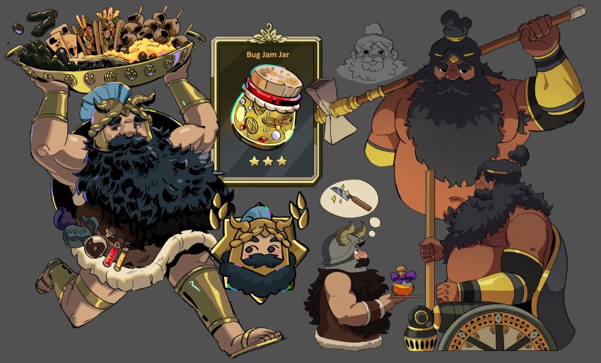 2boys, :p, absurdres, alternate_costume, bara, beard, belly, big_belly, carrying_overhead, cosplay, costume_switch, cropped_torso, crossover, dungeon_meshi, dwarf, facial_hair, fake_horns, food, hades_(series), hades_2, helmet, hephaestus_(hades), highres, holding_behind_neck, horned_helmet, horns, long_beard, long_hair, male_focus, multiple_boys, mustache, potion, profile, running, senshi_(dungeon_meshi), sideways_glance, skewer, solid_circle_eyes, sparkle, sparkling_aura, thick_mustache, tongue, tongue_out, very_long_beard, very_long_hair, yuzu_(yuzumitsuu)