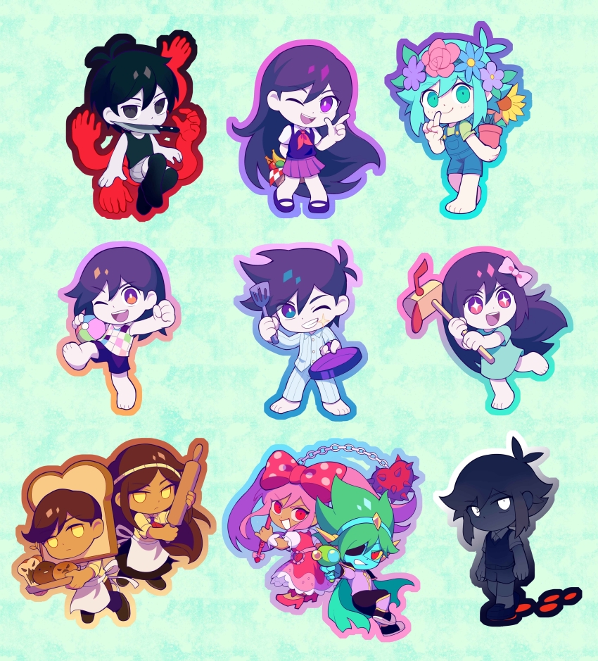 +_+, 4girls, 6+boys, absurdres, apple, apron, aubrey_(headspace)_(omori), aubrey_(omori)