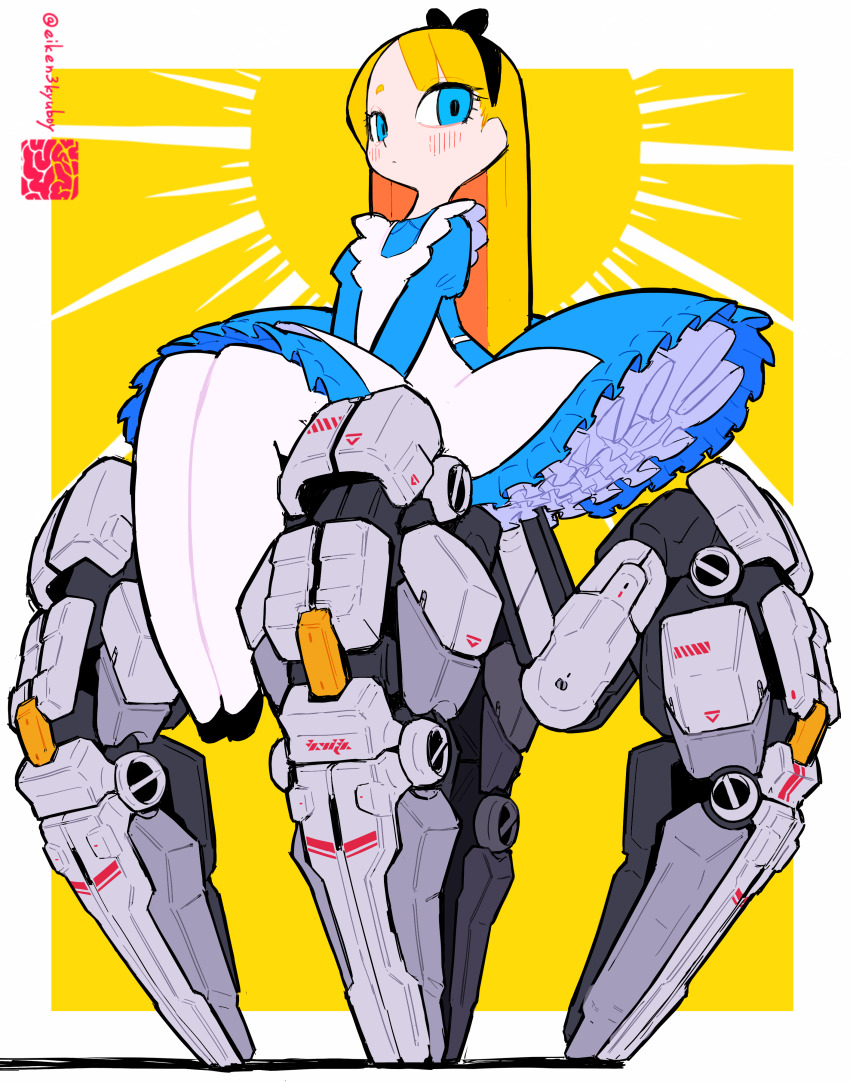 1girl, absurdres, alice_(alice_in_wonderland), alice's_adventures_in_wonderland, apron, black_footwear, black_hairband, black_ribbon, blue_dress, border, dress, extra_legs, hair_ribbon, hairband, highres, iwako_(eiken3kyuboy), mecha_musume, mechanical_legs, outside_border, pantyhose, ribbon, science_fiction, sitting, solo, white_apron, white_border, white_pantyhose, yellow_background