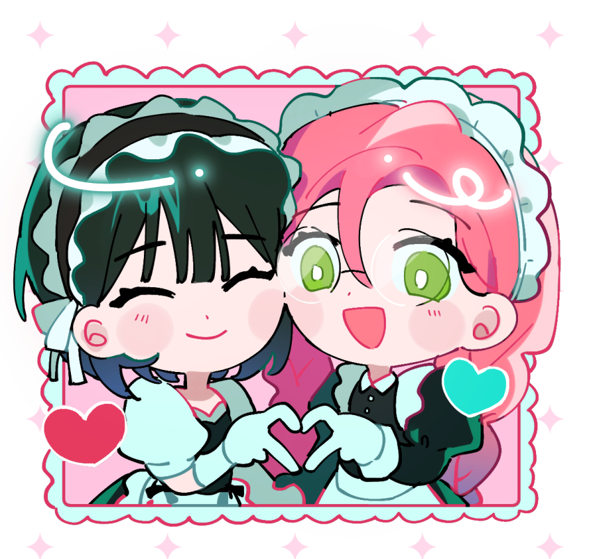 2girls, alien_stage, apron, black_hair, braid, closed_eyes, closed_mouth, cloudkourin