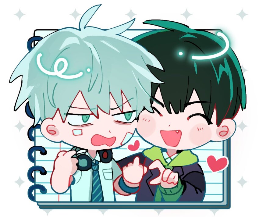 2boys, ahoge, alien_stage, aqua_eyes, black_hair, black_jacket, blue_necktie, blush