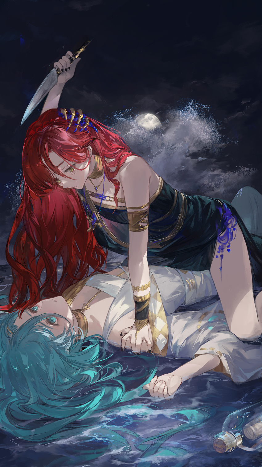 2girls, 37_(reverse:1999), absurdres, ancient_greek_clothes, arm_up, armlet, black_dress, black_nails, black_sky, blue_eyes, blue_gem, blue_hair, bottle, crying, dark_persona, dress, ergouzi_echo, feet_out_of_frame, full_moon, furrowed_brow, gem, greco-roman_clothes, green_eyes, hair_between_eyes, hair_ornament, hair_spread_out, hand_on_another's_shoulder, hand_up, highres, holding, holding_knife, jewelry, kneeling, knife, long_dress, long_hair, long_sleeves, looking_at_another, lying, message_in_a_bottle, moon, multiple_girls, on_back, parted_lips, partially_submerged, pendant, pinned, red_hair, reverse:1999, shallow_water, side_slit, single_bare_shoulder, sky, sleeveless, sleeveless_dress, sophia_(manus_vindictae)_(reverse:1999), sophia_(reverse:1999), spoilers, streaming_tears, tears, toga, water, yuri