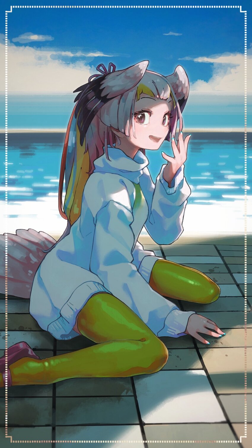 1girl, bird_girl, bird_tail, bird_wings, blonde_hair, blue_hair, blue_sky, dress, forehead, great_white_pelican_(kemono_friends), head_wings, highres, kemono_friends, loafers, long_hair, long_sleeves, looking_at_viewer, multicolored_hair, ocean, pantyhose, pink_eyes, pink_hair, pink_shoes, red_hair, shoes, sidelocks, sitting, sky, solo, sweater, sweater_dress, tail, tiles, toki_reatle, turtleneck, turtleneck_sweater, white_sweater, wings, yellow_pantyhose