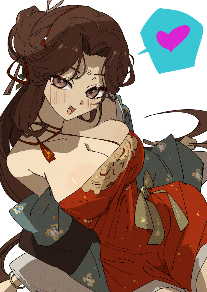 1girl, :d, blush, bracelet, breasts, brown_eyes, brown_hair, chinese_clothes