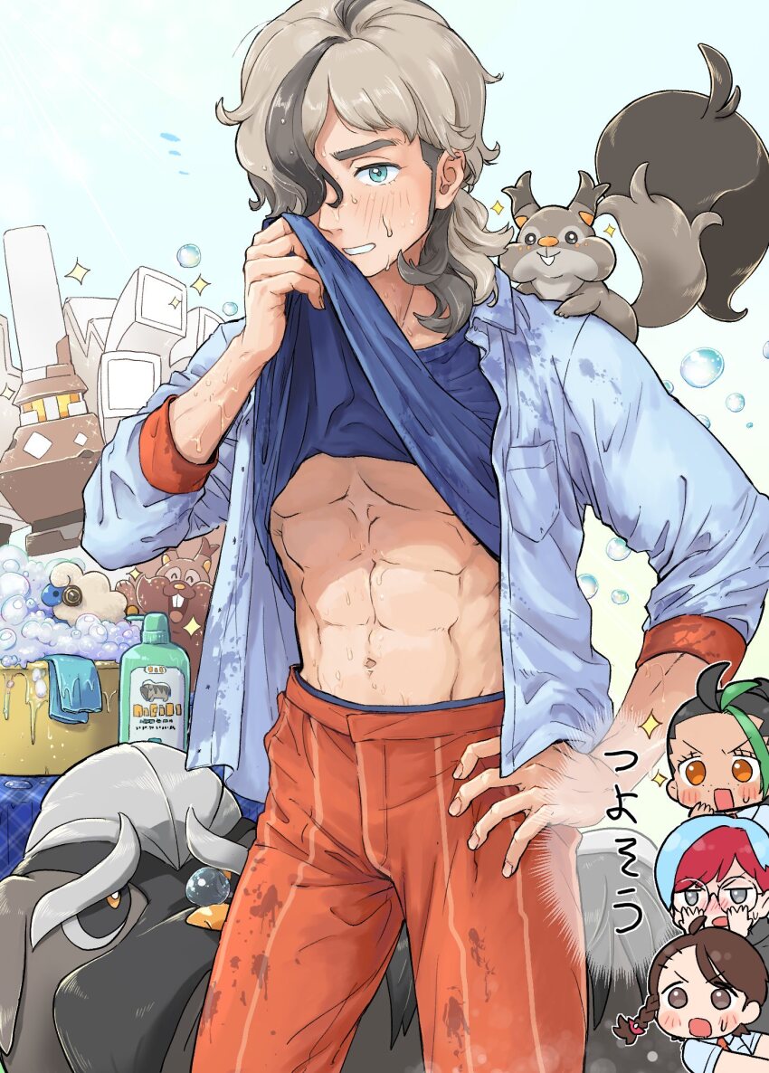 1boy, 3girls, abs, arven_(pokemon), blush, bottle, bubble, chibi