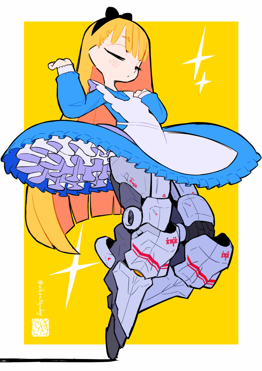 1girl, absurdres, alice_(alice_in_wonderland), alice's_adventures_in_wonderland, apron, black_hairband, blonde_hair, blue_dress