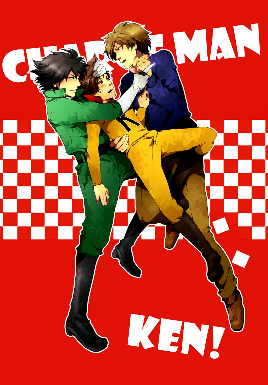 3boys, belt, black_footwear, black_hair, blue_sweater, blush, bodysuit, brown_eyes