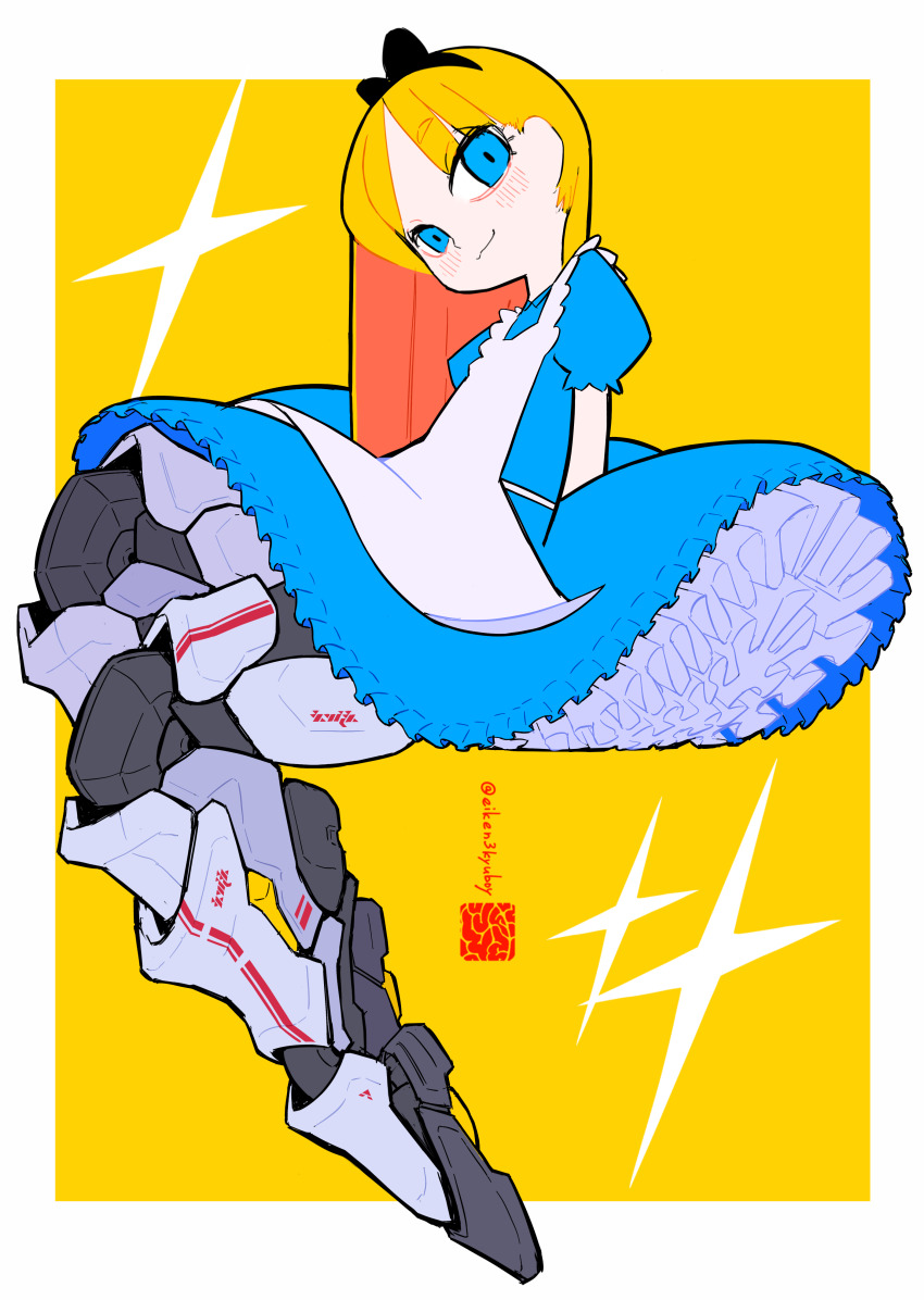 1girl, absurdres, alice_(alice_in_wonderland), alice's_adventures_in_wonderland, black_hairband, blonde_hair, blue_dress, blue_eyes