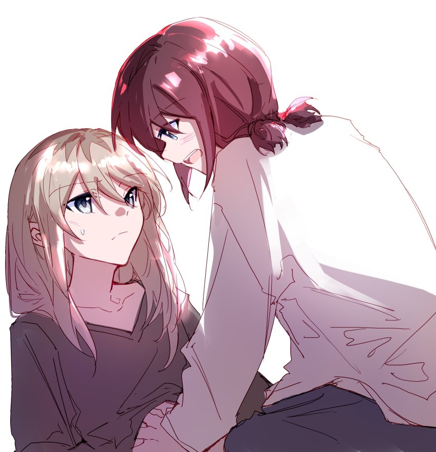 2girls, blush, closed_mouth, commentary_request, girls_band_cry, grey_eyes, grey_shirt, hand_under_clothes