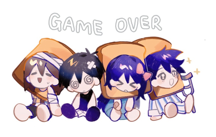 >_<, 1girl, 3boys, @_@, aubrey_(headspace)_(omori), aubrey_(omori), black_hair, black_shorts, black_tank_top, blue_hair, blue_shirt, blue_skirt, bread, bread_slice, brown_hair, character_request, check_character, chibi, chibi_only, closed_eyes, closed_mouth, crutch, english_text, food, gelato1014, hero_(headspace)_(omori), hero_(omori), jacket, kel_(faraway)_(omori), kel_(omori), medium_hair, multiple_boys, omori, open_mouth, orange_tank_top, pajamas, shirt, shorts, simple_background, skirt, smile, striped_clothes, striped_pajamas, sunny_(omori), sweat, tank_top, white_background, white_jacket, white_shirt, white_shorts