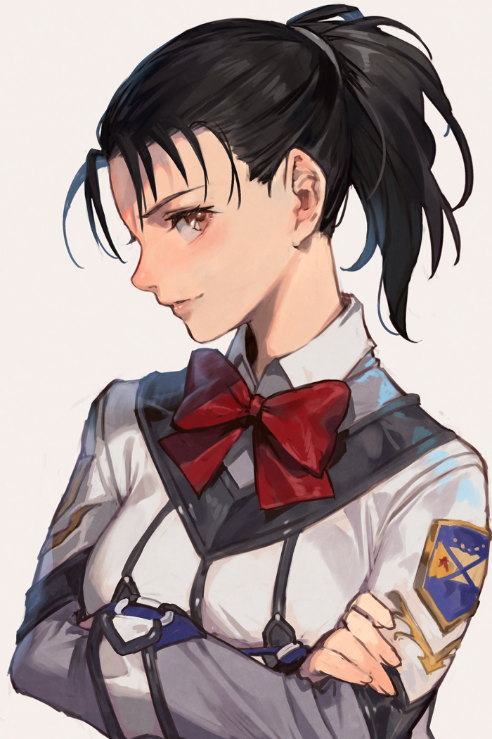 1girl, black_hair, breasts, brown_eyes, crossed_arms, gunparade_march, high_ponytail, hungry_clicker