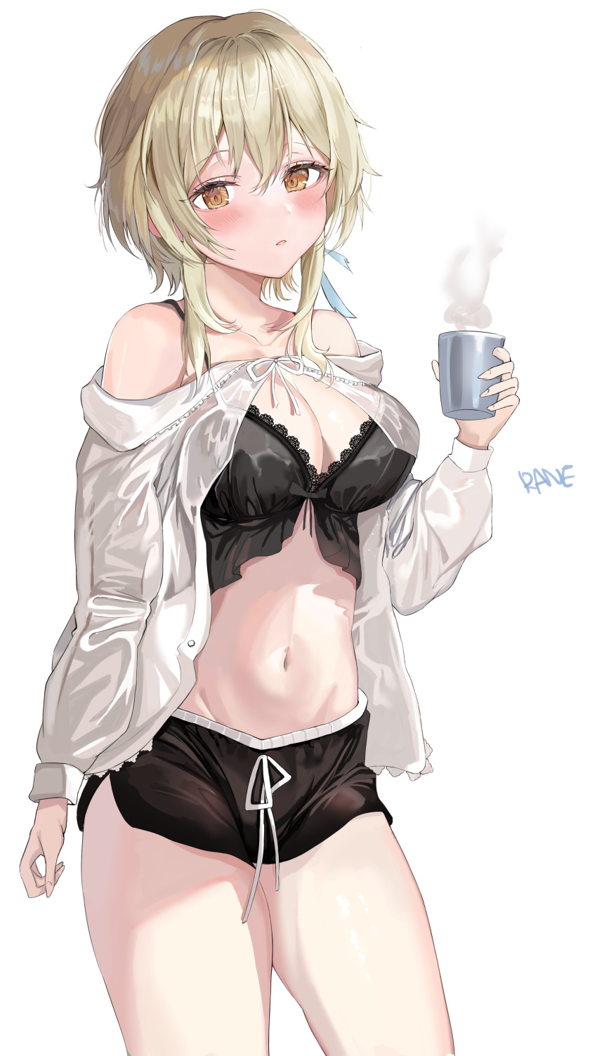 1girl, absurdres, alternate_costume, artist_name, bare_shoulders, black_bra, black_shorts, blonde_hair