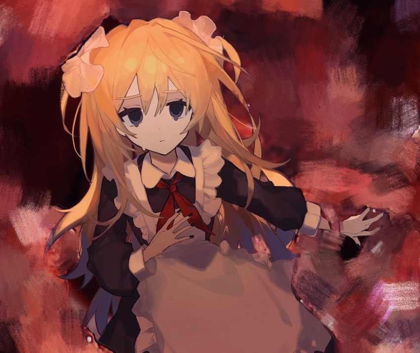 1girl, apron, black_dress, blonde_hair, blue_eyes, closed_mouth, collared_dress, dress