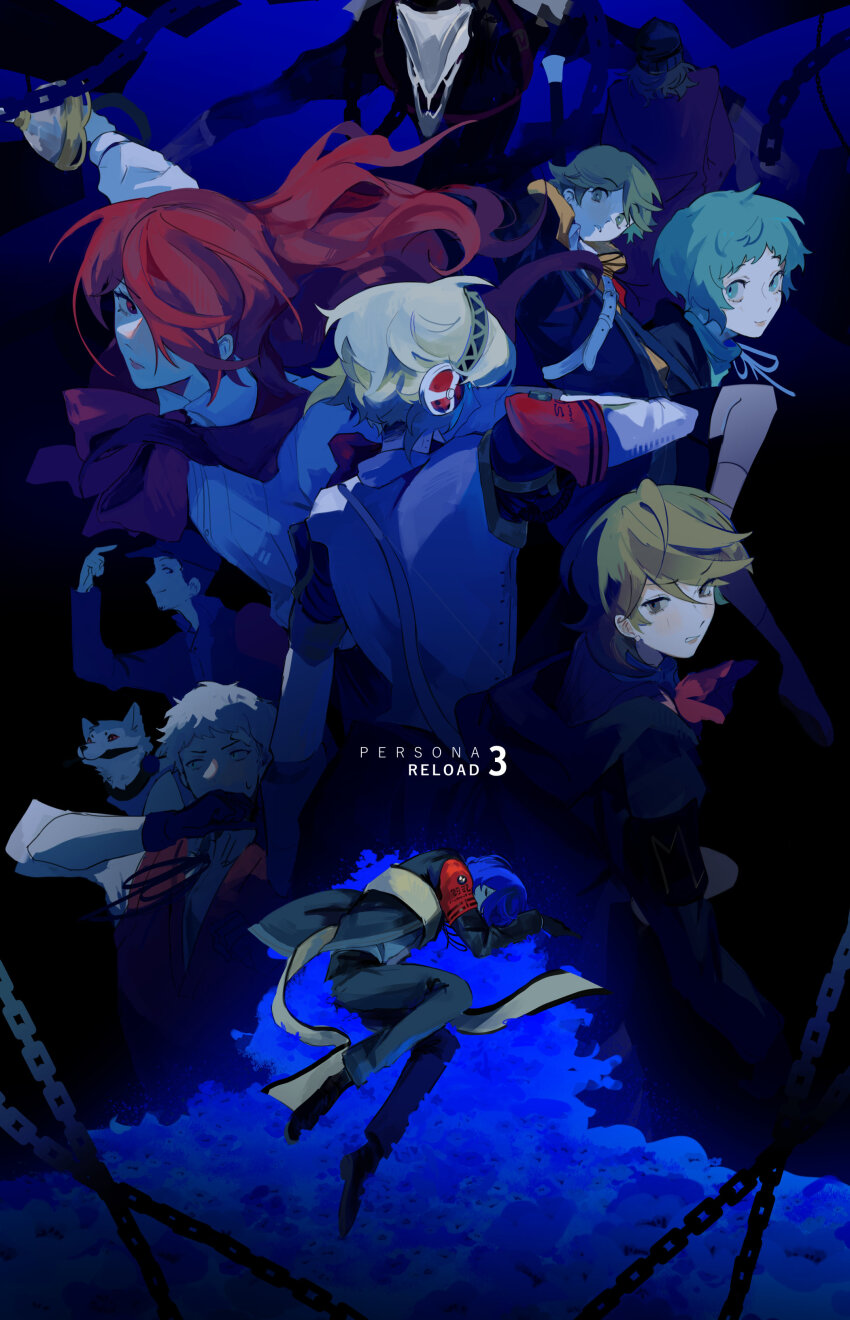 1other, 4girls, 5boys, absurdres, aigis_(persona), amada_ken, android, animal, aqua_hair, aragaki_shinjirou, baseball_cap, beanie, black_jacket, blonde_hair, blue_eyes, blue_hair, blush, bow, brown_eyes, brown_hair, coat, collared_shirt, dog, everyone, flower, gekkoukan_high_school_uniform, gloves, grey_hair, hair_over_one_eye, hairband, hat, highres, iori_junpei, jacket, joints, kirijou_mitsuru, koromaru_(persona), long_hair, long_sleeves, looking_at_viewer, lying, multiple_boys, multiple_girls, neck_ribbon, on_flower, on_side, persona, persona_3, persona_3_reload, red_eyes, red_hair, ribbon, robot_joints, sanada_akihiko, scarf, school_uniform, shirt, short_hair, sijia_(jd5vlp), takeba_yukari, thanatos_(persona), trench_coat, weapon, white_shirt, yamagishi_fuuka, yuuki_makoto_(persona_3)