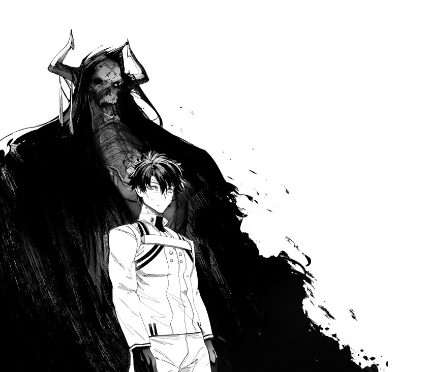 2boys, absurdres, cloak, fate/grand_order, fate_(series), fujimaru_ritsuka_(male), fujimaru_ritsuka_(male)_(decisive_battle_chaldea_uniform), gloves, greyscale, height_difference, highres, hood, horns, king_hassan_(fate), mask, monochrome, multiple_boys, obazzotto, pants, skeletal_face, skull_mask, white_background