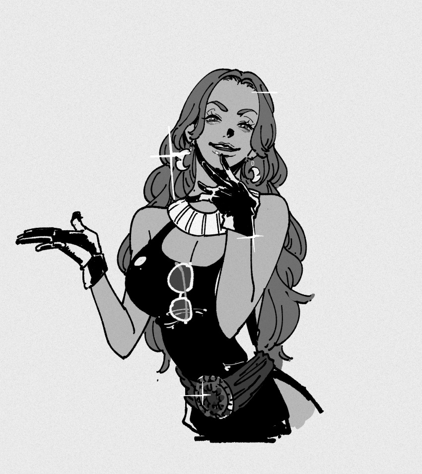 1girl, baccarat_(one_piece), belt, commentary, crescent, crescent_earrings, cropped_torso, dress, earrings, glint, gloves, gokujounomaguro, greyscale, highres, jewelry, long_hair, looking_at_viewer, monochrome, necklace, one_piece, one_piece_film:_gold, sidelocks, sleeveless, sleeveless_dress, smile, solo, sparkle, untranslatable_commentary