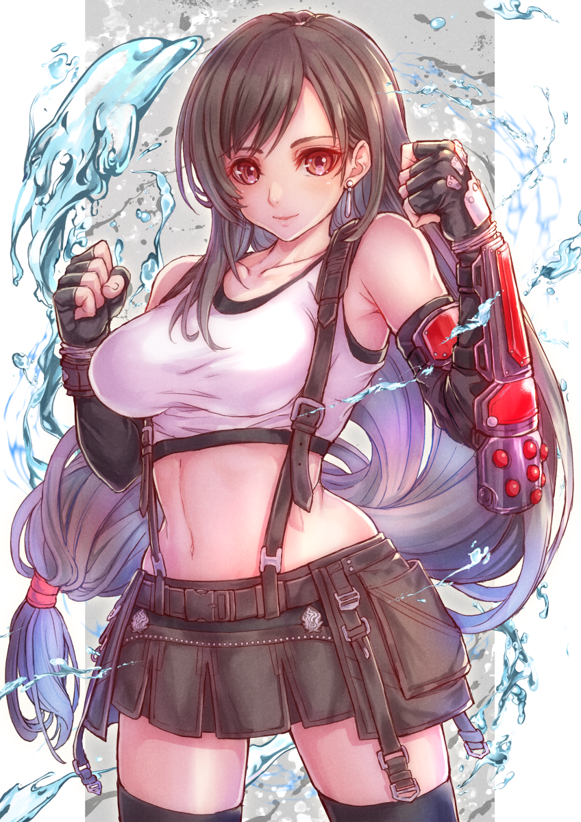 1girl, black_skirt, black_thighhighs, breasts, brown_hair, cowboy_shot, crop_top, dolphin