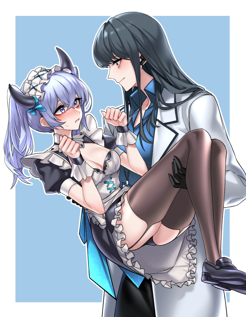 2girls, apron, black_dress, black_footwear, black_gloves, black_hair, black_panties, black_thighhighs