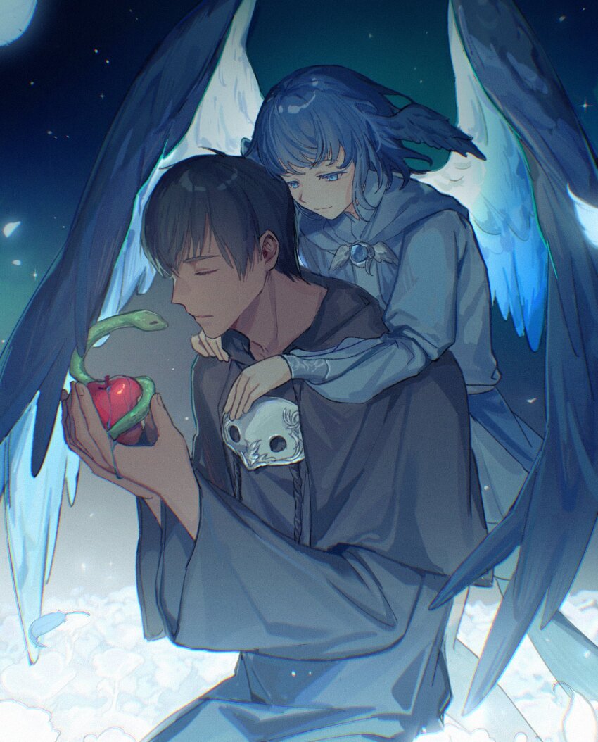 1boy, 1girl, apple, bird_girl, bird_wings, black_capelet, black_hair, black_robe