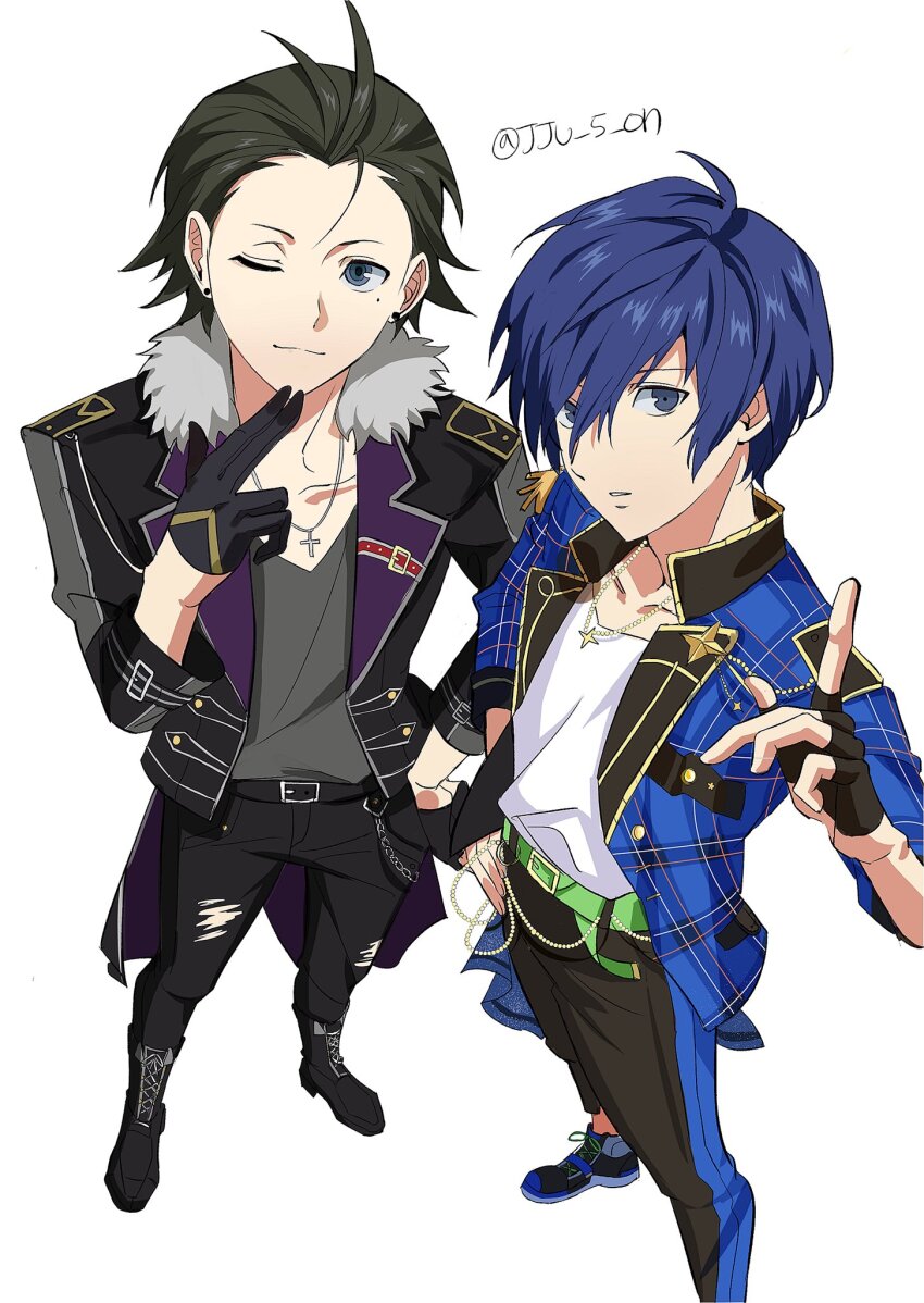 2boys, artist_name, belt, belt_buckle, black_boots, black_coat, black_gloves, black_hair, black_pants, black_shoes, blue_eyes, blue_hair, blue_jacket, boots, buckle, closed_mouth, coat, cosplay, cross, cross-laced_shoes, cross_necklace, earrings, ensemble_stars!, fingerless_gloves, from_above, full_body, fur-trimmed_coat, fur_trim, gloves, green_belt, grey_shirt, hair_over_one_eye, hair_slicked_back, hakaze_kaoru, hakaze_kaoru_(cosplay), hand_on_own_hip, hand_up, highres, index_finger_raised, jacket, jewelry, joowon_(jju_oon), lace-up_boots, lapel_pin, lapels, long_sleeves, looking_at_viewer, looking_up, male_focus, mochizuki_ryouji, mole, mole_under_eye, multiple_boys, name_connection, necklace, one_eye_closed, open_clothes, open_coat, open_jacket, pants, parted_lips, persona, persona_3, plaid_clothes, plaid_jacket, shirt, shoes, short_hair, simple_background, smile, standing, star_(symbol), star_necklace, stud_earrings, torn_clothes, torn_pants, twitter_username, v-neck, wallet_chain, white_background, white_shirt, yuuki_makoto_(ensemble_stars!), yuuki_makoto_(ensemble_stars!)_(cosplay), yuuki_makoto_(persona_3)
