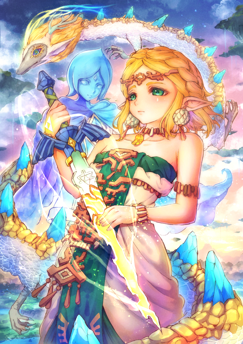 2girls, armlet, blonde_hair, bracelet, braid, circlet, crown_braid, dragon, dress, earrings, eastern_dragon, fi_(zelda), green_eyes, green_tabard, highres, jewelry, kodue55, light_dragon_(zelda), magatama, magatama_necklace, master_sword, multiple_girls, necklace, nintendo, pointy_ears, princess_zelda, strapless, strapless_dress, tabard, the_legend_of_zelda, the_legend_of_zelda:_tears_of_the_kingdom, white_dress