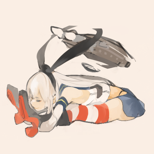 1girl, bad_id, bad_pixiv_id, black_panties, blonde_hair, elbow_gloves, full_body, gloves, hairband, highleg, highleg_panties, kantai_collection, long_hair, lowres, on_floor, panties, sailor_collar, school_uniform, sentakki, serafuku, shimakaze_(kancolle), shirt, simple_background, skirt, solo, solo_focus, stretching, striped_clothes, striped_thighhighs, thighhighs, underwear, white_gloves