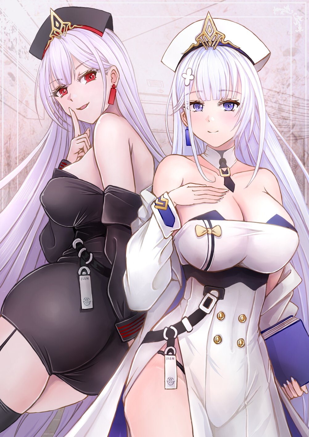 2girls, ass, azur_lane, bare_shoulders, black_coat, black_dress, black_garter_straps, black_hat
