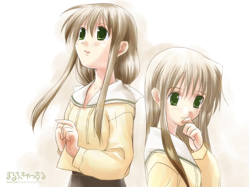 00s, 2girls, brown_hair, futakoi, green_eyes, hand_to_own_mouth, long_hair, long_sleeves