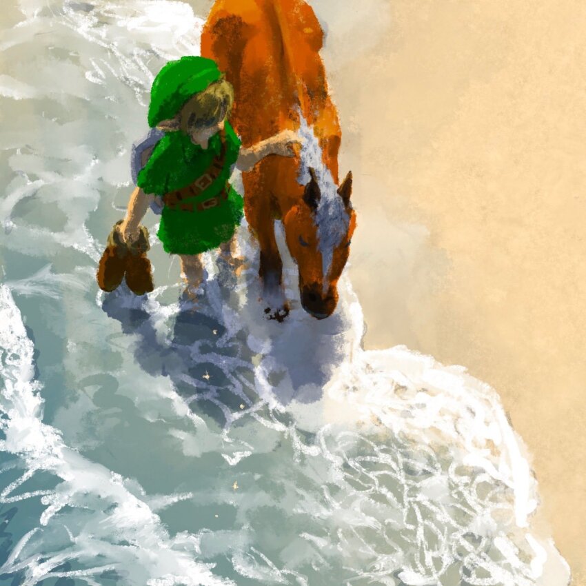 1boy, 1girl, barefoot, beach, boots, brown_fur, epona, green_skirt, green_tunic, highres, holding, holding_boots, holding_footwear, holding_unworn_clothes, horse, link, nintendo, phrygian_cap, skirt, the_legend_of_zelda, the_legend_of_zelda:_majora's_mask, tunic, umousan, unworn_boots, water, white_fur, young_link
