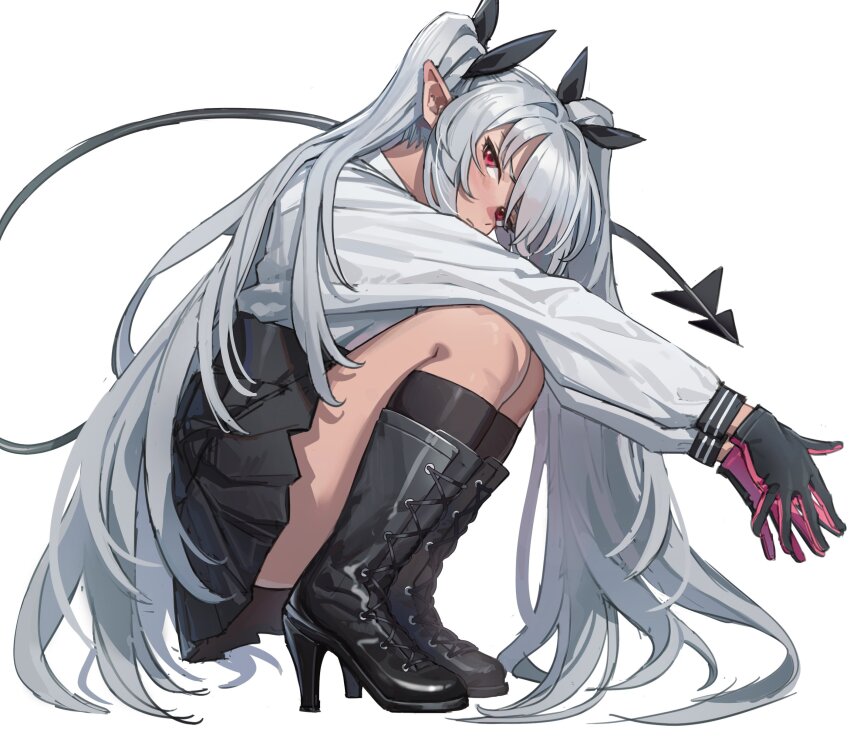1girl, absurdres, black_skirt, blue_archive, boots, dark-skinned_female, dark_skin, demon_tail