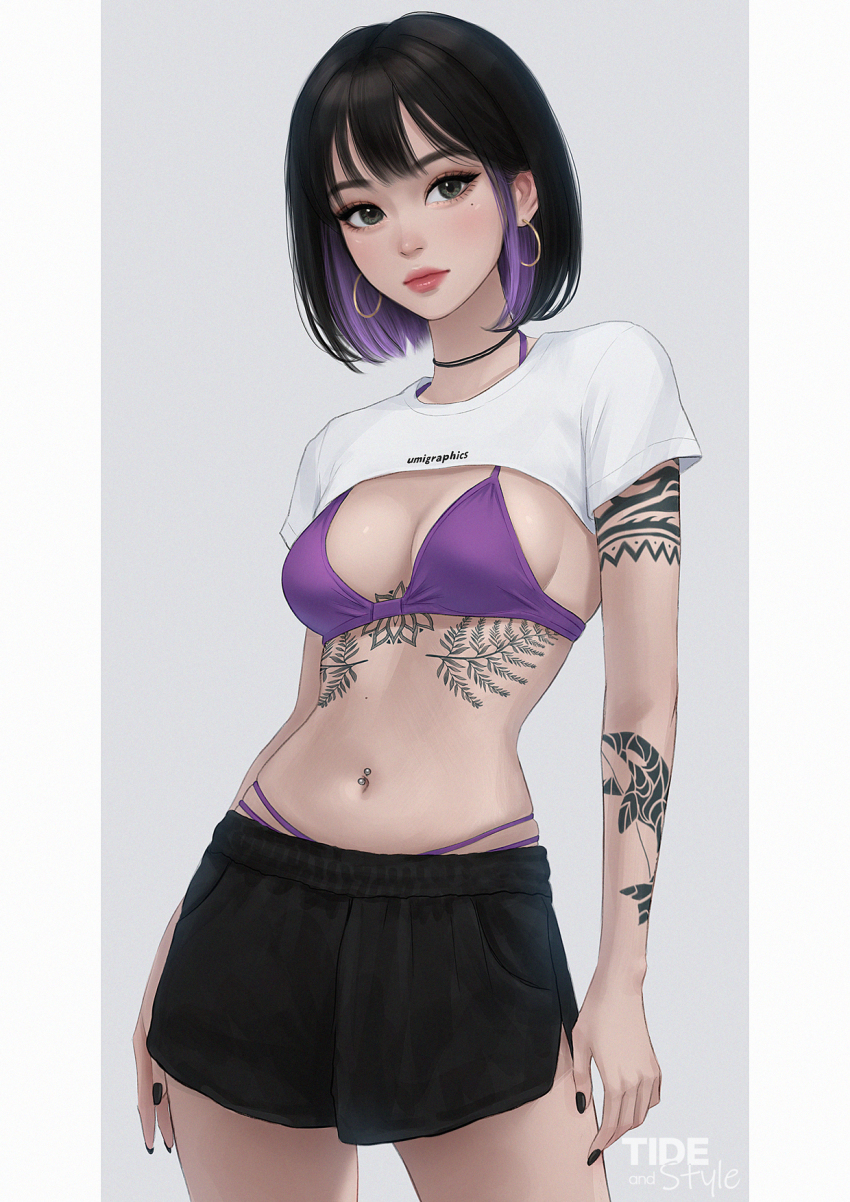 1girl, arm_tattoo, bikini, bikini_under_clothes, black_choker, black_hair, black_nails, black_shorts, blue_eyes, breasts, choker, colored_inner_hair, cowboy_shot, earrings, highres, hoop_earrings, jewelry, lips, medium_breasts, multicolored_hair, navel_piercing, piercing, pillarboxed, purple_bikini, purple_hair, real_life, short_hair, shorts, shrug_(clothing), solo, stomach_tattoo, swimsuit, tattoo, tatu, two-tone_background, two-tone_hair, umigraphics, yulia_olegovna_volkova