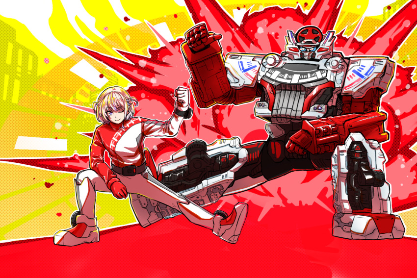 1girl, arm_on_thigh, bakuage_sentai_boonboomger, belt, blonde_hair, bodysuit, bundorio_bunderas, clenched_hand
