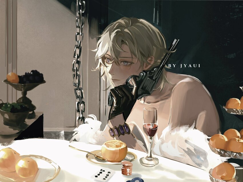 1boy, aventurine_(honkai:_star_rail), bare_shoulders, blonde_hair, bracelet, chain, cup, drinking_glass, english_text, food, fur_trim, gun, highres, holding, holding_gun, holding_weapon, honkai:_star_rail, honkai_(series), indoors, jewelry, jyauii, looking_to_the_side, male_focus, plate, short_hair, signature, sitting, solo, weapon, wine_glass