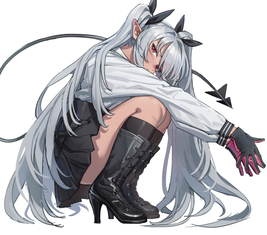 1girl, absurdres, black_skirt, blue_archive, boots, dark-skinned_female, dark_skin, demon_tail, gloves, grey_hair, high_heel_boots, high_heels, highres, hongchamashu, iori_(blue_archive), long_hair, pointy_ears, red_eyes, shirt, skirt, squatting, tail, twintails, two-tone_gloves, very_long_hair, white_background, white_shirt