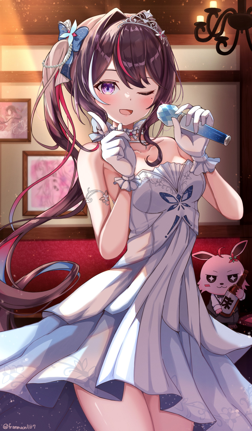 1girl, absurdres, azki_(dress)_(hololive), azki_(hololive), bottle, brown_hair, colored_inner_hair, dress