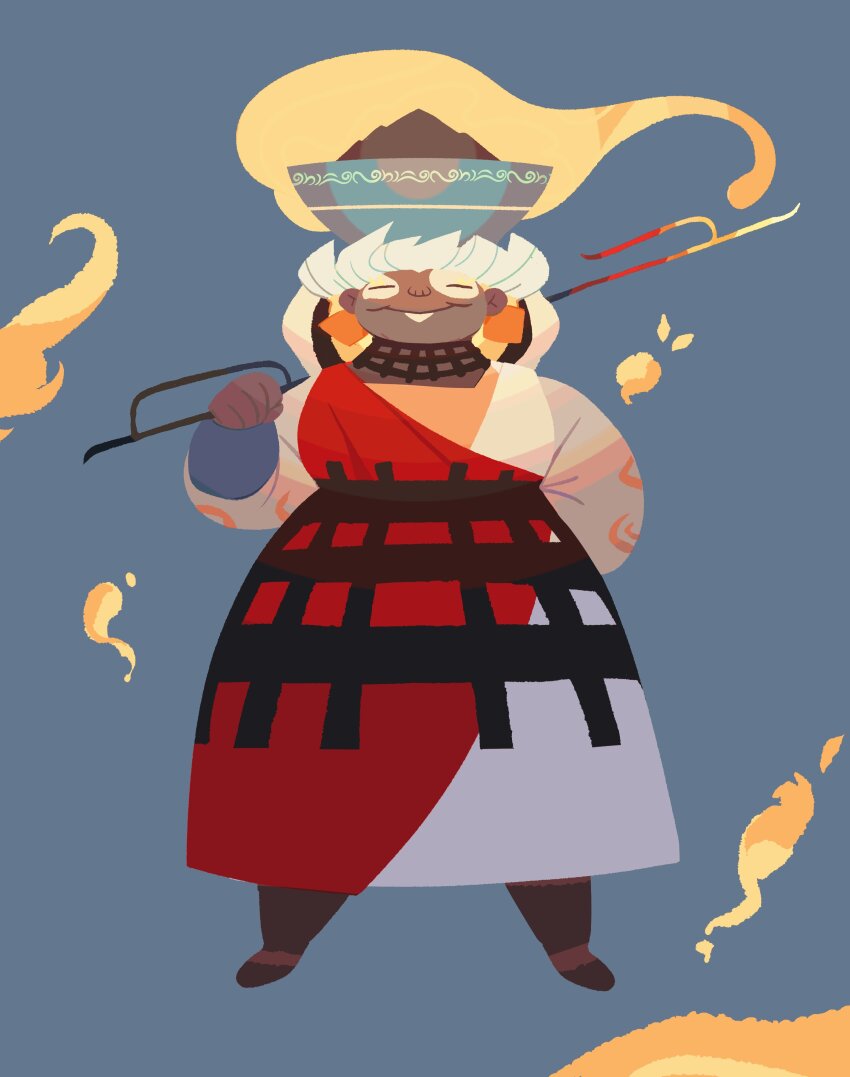 1girl, absurdres, armlet, calavera145, closed_eyes, coal, dark-skinned_female, dark_skin, dress, earrings, fat, fat_woman, hades_(series), hades_2, hestia_(hades), highres, holding, hood, jewelry, long_sleeves, mature_female, poker, pot_on_head, smile, smoke, solo, vitiligo, white_hair