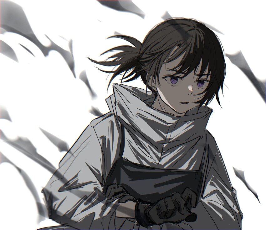 1girl, black_gloves, brown_hair, choujin_x, floating_hair, gloves, grey_jacket, highres