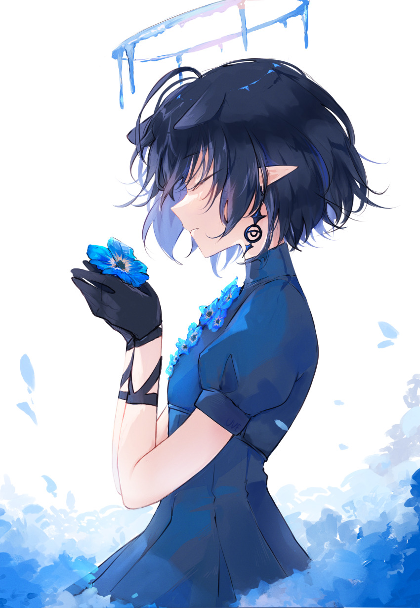 1girl, absurdres, antenna_hair, artist_name, black_gloves, black_hair, blue_dress, blue_flower