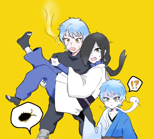 !?, 1girl, 2boys, :o, artist_request, black_hair, blue_hair, boruto:_naruto_next_generations
